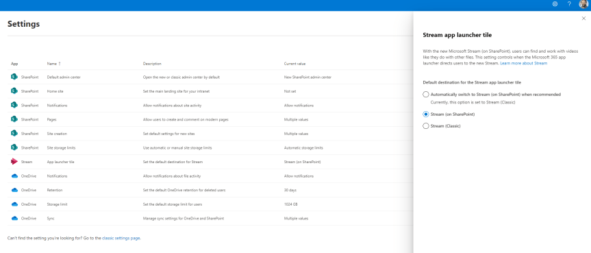 Direct the App Tile Launcher to the new Stream on SharePoint web app experience in office.com – Via GUI or&nbsp;PowerShell